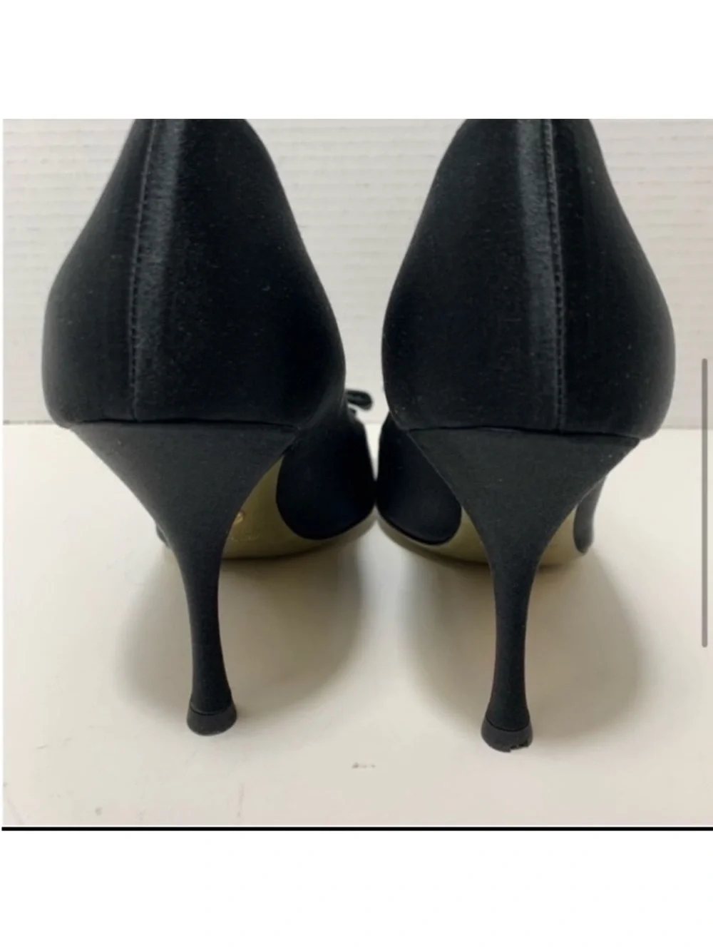 Dolce & Gabbana Black Satin Peep-Toe Pumps with Gold Lining and Crystal Bow